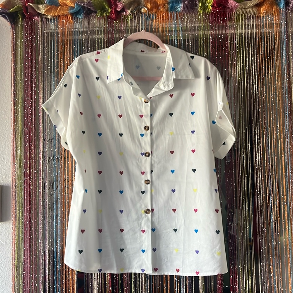 Multi colored hearts button up blouse size Large